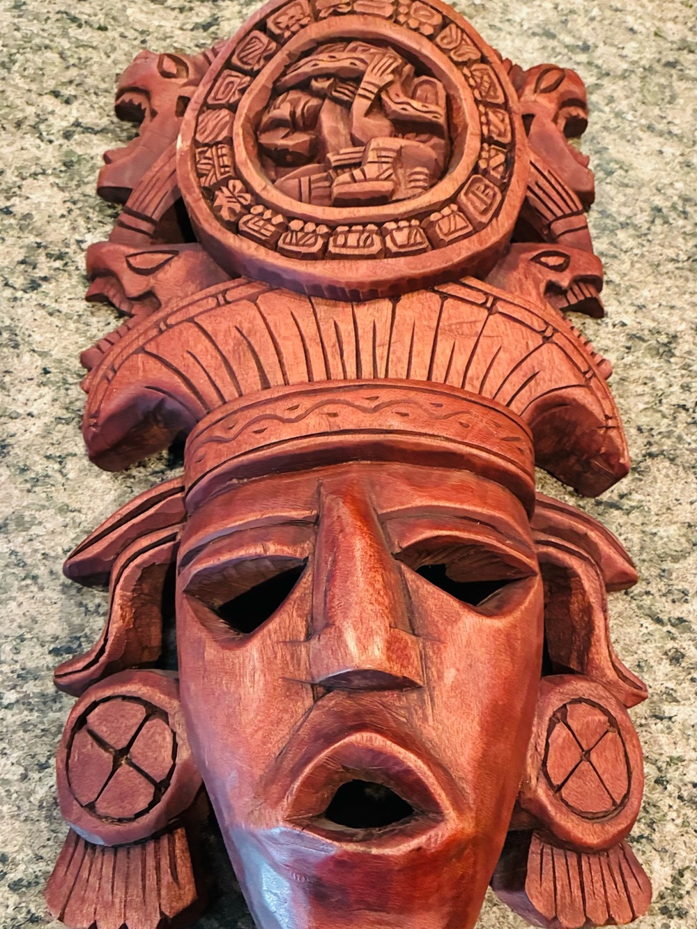 Mayan Aztec Hand-Carved Wooden Tribal Mask in Warm Reddish Brown